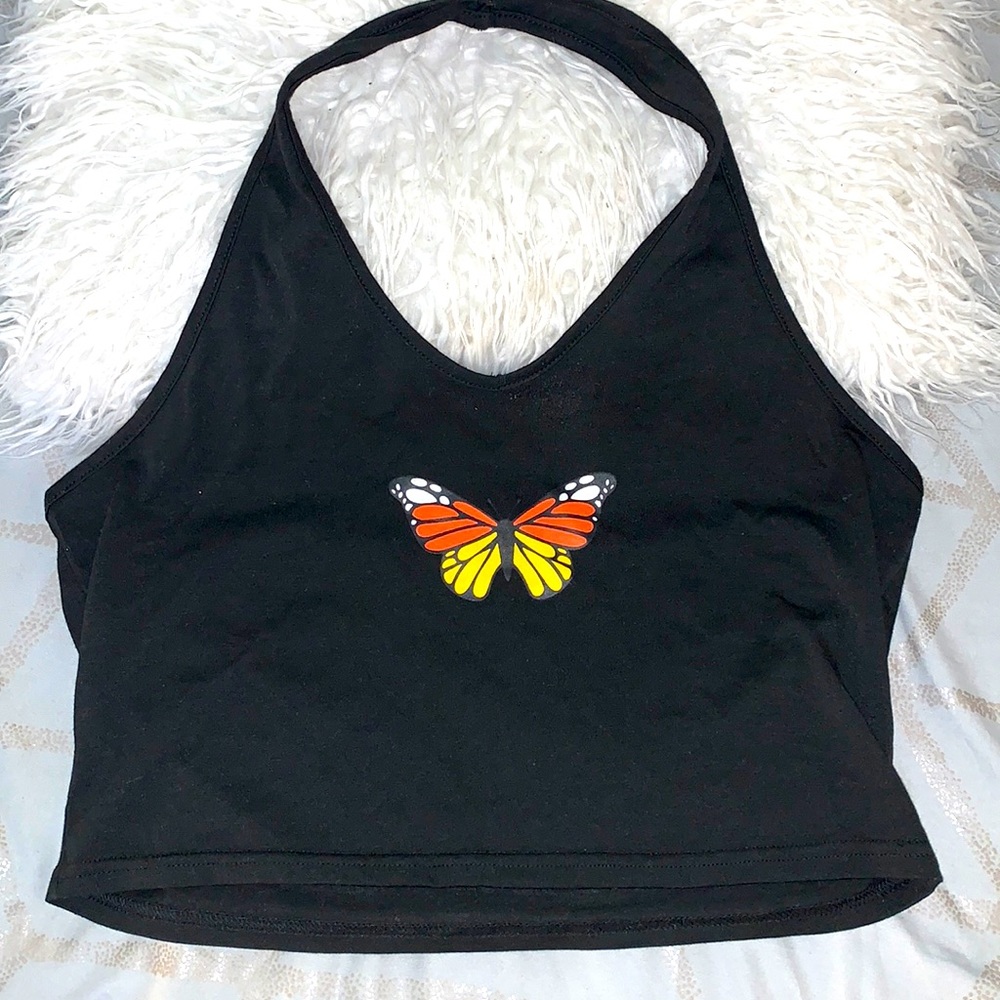 Black Halter Top With Butterfly In Center